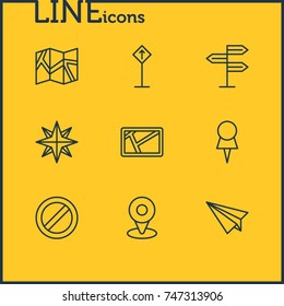 Vector Illustration Of 9 Location Icons. Editable Pack Of Guidepost, Origami, Paper Geography And Other Elements.