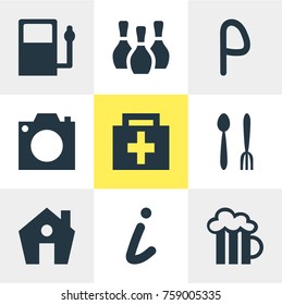 Vector Illustration Of 9 Location Icons. Editable Set Of Car Park, Cafe, Home And Other Elements.