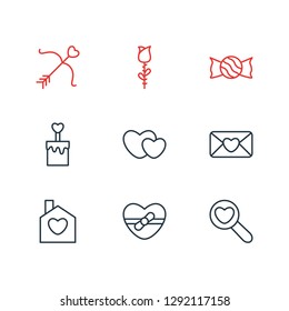 Vector illustration of 9 love icons line style. Editable set of mail, soul, house and other icon elements.