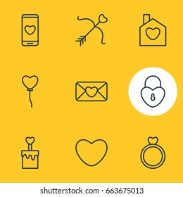 Vector Illustration Of 9 Love Icons. Editable Pack Of Home , Candle , Lock Elements.