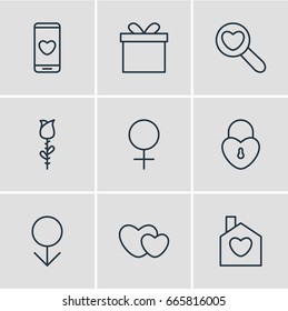 Vector Illustration Of 9 Love Icons. Editable Pack Of Home, Rose, Gift And Other Elements.