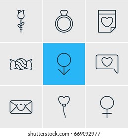 Vector Illustration Of 9 Love Icons. Editable Pack Of Woman, Messenger, Male And Other Elements.