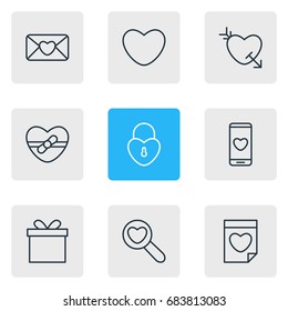 Vector Illustration Of 9 Love Icons. Editable Pack Of Smartphone, Valentine, Soul And Other Elements.