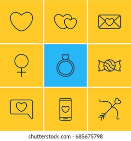 Vector Illustration Of 9 Love Icons. Editable Pack Of Engagement, Messenger, Cupid And Other Elements.