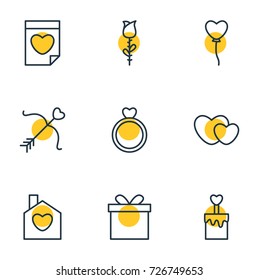 Vector Illustration Of 9 Love Icons. Editable Pack Of Decoration, Hearts, Rose And Other Elements.