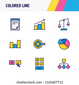 Vector illustration of 9 management icons colored line. Editable set of decision making, document, pie chart and other icon elements.