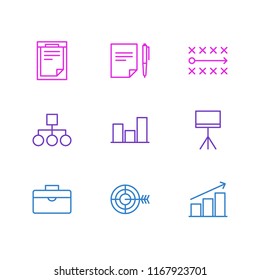 Vector illustration of 9 management icons line style. Editable set of briefcase, strategy, bar and other icon elements.