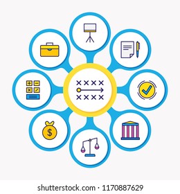 Vector illustration of 9 management icons colored line. Editable set of bank, money bag, scales and other icon elements.