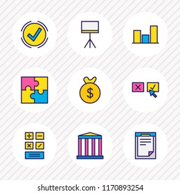 Vector illustration of 9 management icons colored line. Editable set of decision making, bank, puzzle and other icon elements.