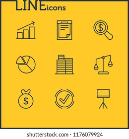 Vector illustration of 9 management icons line style. Editable set of moneybox, chart, scales and other icon elements.
