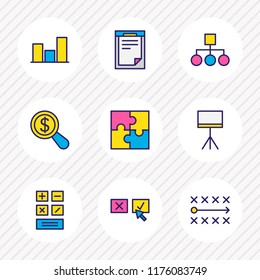 Vector illustration of 9 management icons colored line. Editable set of puzzle, document, bar chart and other icon elements.