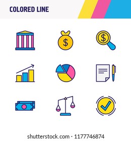 Vector illustration of 9 management icons colored line. Editable set of bank, chart, contract and other icon elements.