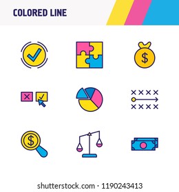 Vector illustration of 9 management icons colored line. Editable set of decision making, money, strategy and other icon elements.