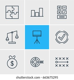 Vector Illustration Of 9 Management Icons. Editable Pack Of Goal, Calculate, Solution And Other Elements.