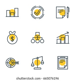 Vector Illustration Of 9 Management Icons. Editable Pack Of Bag, Graph, Agreement And Other Elements.