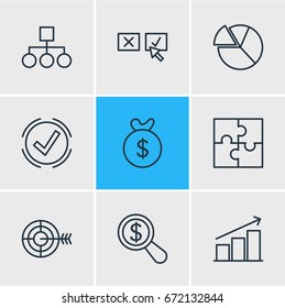 Vector Illustration Of 9 Management Icons. Editable Pack Of Riddle, Solution, Recision And Other Elements.
