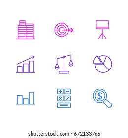 Vector Illustration Of 9 Management Icons. Editable Pack Of Magnifier, Chart , Board Stand Elements.