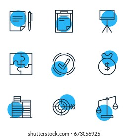 Vector Illustration Of 9 Management Icons. Editable Pack Of Agreement , Board Stand, Goal Elements.