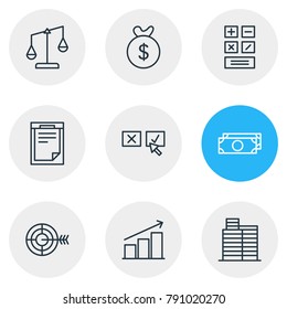 Vector illustration of 9 management icons line style. Editable set of scales, deside task, document and other elements.