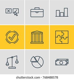 Vector Illustration Of 9 Management Outline Icons. Editable Set Of Building, Cash, Riddle And Other Elements.
