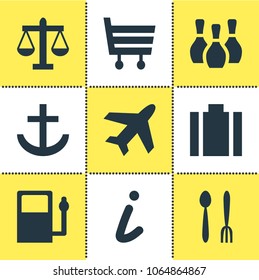 Vector illustration of 9 map icons. Editable set of portfolio, bowling pins, airplane and other icon elements.