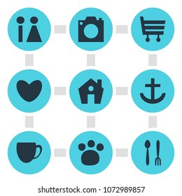 Vector illustration of 9 map icons. Editable set of market, restroom, camera and other icon elements.
