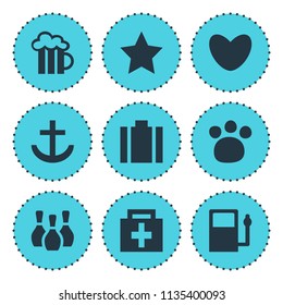 Vector illustration of 9 map icons. Editable set of star, bowling pins, pub and other icon elements.