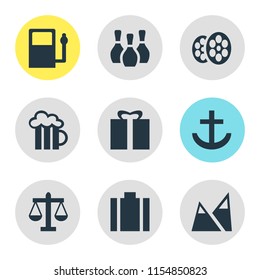Vector illustration of 9 map icons. Editable set of portfolio, harbor, gas station and other icon elements.