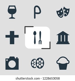 Vector illustration of 9 map icons. Editable set of camera, restaurant, religion and other icon elements.