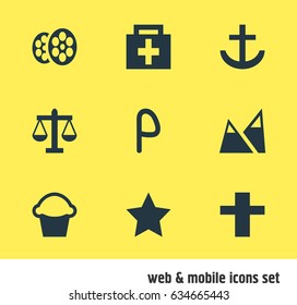 Vector Illustration Of 9 Map Icons. Editable Pack Of Cake, Film, Car Park And Other Elements.