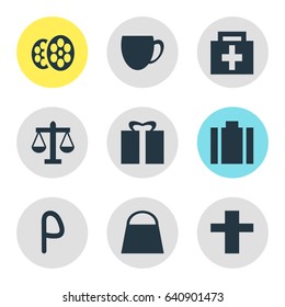 Vector Illustration Of 9 Map Icons. Editable Pack Of Briefcase, Handbag, Film Elements.