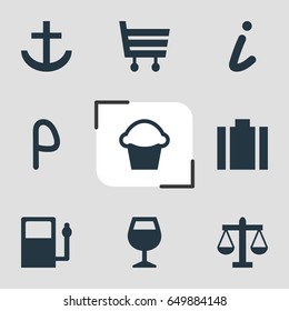 Vector Illustration Of 9 Map Icons. Editable Pack Of Shopping Cart, Map Information, Cake And Other Elements.