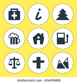 Vector Illustration Of 9 Map Icons. Editable Pack Of Refueling, Cross, Map Information And Other Elements.
