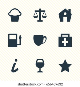 Vector Illustration Of 9 Map Icons. Editable Pack Of Bookmark, Scales, Map Information And Other Elements.