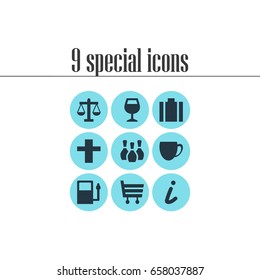 Vector Illustration Of 9 Map Icons. Editable Pack Of Coffee Shop, Refueling, Briefcase And Other Elements.