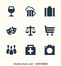 Vector Illustration Of 9 Map Icons. Editable Pack Of Skittles, Drugstore, Briefcase And Other Elements.