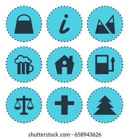 Vector Illustration Of 9 Map Icons. Editable Pack Of Cross, Landscape, Jungle Elements.