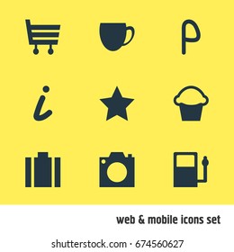 Vector Illustration Of 9 Map Icons. Editable Pack Of Bookmark, Map Information, Coffee Shop And Other Elements.