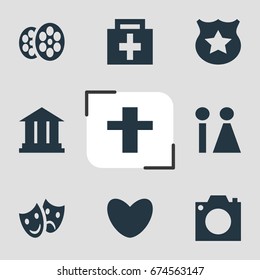 Vector Illustration Of 9 Map Icons. Editable Pack Of Masks, Drugstore, University And Other Elements.