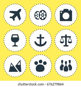 Vector Illustration Of 9 Map Icons. Editable Pack Of Aircraft, Film, Photo Device And Other Elements.
