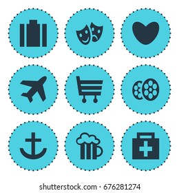 Vector Illustration Of 9 Map Icons. Editable Pack Of Shopping Cart, Masks, Heart And Other Elements.