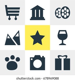 Vector Illustration Of 9 Map Icons. Editable Pack Of Wineglass, Shopping Cart, University And Other Elements.