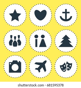 Vector Illustration Of 9 Map Icons. Editable Pack Of Aircraft, Heart, Jungle And Other Elements.