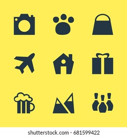 Vector Illustration Of 9 Map Icons. Editable Pack Of Landscape, Aircraft, Skittles Elements.