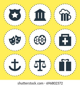 Vector Illustration Of 9 Map Icons. Editable Pack Of Drugstore, Masks, Cop And Other Elements.