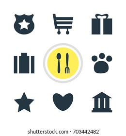 Vector Illustration Of 9 Map Icons. Editable Pack Of Pet Shop, Cafe, Briefcase And Other Elements.