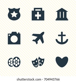 Vector Illustration Of 9 Map Icons. Editable Pack Of Heart, University, Anchor And Other Elements.