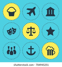 Vector Illustration Of 9 Map Icons. Editable Pack Of Bookmark, University, Beer Mug And Other Elements.