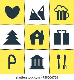Vector Illustration Of 9 Map Icons. Editable Set Of Beer Mug, Jungle , Landscape Elements.