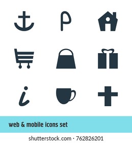 Vector Illustration Of 9 Map Icons. Editable Set Of Anchor, Shopping Cart, Coffee Shop And Other Elements.